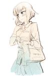  alternate_hair_length alternate_hairstyle bag blue_skirt blush casual eyebrows handbag kill_la_kill kiryuuin_satsuki shirt short_hair sketch skirt solo spoilers thick_eyebrows tsumuri 