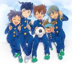  aqua_hair ball blue_hair blush_stickers brown_eyes brown_hair closed_eyes double_v gakuran headband inazuma_eleven_(series) inazuma_eleven_go kageyama_hikaru kariya_masaki matsukaze_tenma multiple_boys nishizono_shinsuke one_eye_closed open_mouth petagon purple_hair raimon raimon_school_uniform school_uniform sitting soccer_ball telstar tsurugi_kyousuke v 