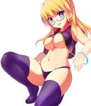  blonde_hair breasts glasses karaage_teishoku_(regret1994) large_breasts long_hair looking_at_viewer navel original panties purple_eyes purple_legwear purple_panties semi-rimless_eyewear smile solo thighhighs transparent_background under-rim_eyewear underboob underwear 