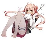  ahoge blush glasses kantai_collection kinakomoti long_hair long_sleeves makigumo_(kantai_collection) panties panties_under_pantyhose pantyhose pink_hair simple_background sleeves_past_fingers sleeves_past_wrists solo underwear white_background yellow_eyes 