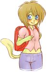  angela_d. backpack blue_eyes blush brown_hair clothed clothing female frog frogela green_skin hair randoseru standing tadpole young 