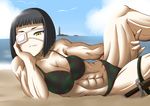  \m/ abs bangs beach bikini black_hair blunt_bangs bob_cut breasts camouflage camouflage_bikini chin_rest cleavage day eyepatch holster jormungand knife large_breasts lying muscle muscular_female nekota_susumu ocean on_side smile sofia_valmer solo strap_gap swimsuit tattoo thick_thighs thigh_holster thighs yellow_eyes 