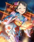  :d architecture artist_request black_hair bunny_hair_ornament closed_eyes east_asian_architecture fan folding_fan hagoromo hair_ornament idolmaster idolmaster_cinderella_girls japanese_clothes kanzashi kimono kimono_skirt leaf leaf_print leg_lift looking_at_viewer maple_leaf obi official_art open_mouth sasaki_chie sash shawl short_hair short_kimono smile solo thighhighs 