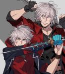  2boys belt belt_buckle black_gloves blue_coat blue_eyes bracelet buckle coat dante_(devil_may_cry) devil_may_cry devil_may_cry_4 eyebrows_visible_through_hair facial_hair fingerless_gloves gloves grey_hair holding holding_sword holding_weapon jewelry katana kia0110kia multiple_boys muscle nero_(devil_may_cry) red_coat short_hair silver_hair sleeves_rolled_up sword teeth upper_body weapon zipper_pull_tab 