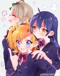  bangs blazer blue_eyes blue_hair blush bow copyright_name etsuo fang flower grey_hair hair_bow hand_on_another's_shoulder height_difference jacket kousaka_honoka long_hair looking_away love_live! love_live!_school_idol_project minami_kotori multiple_girls one_side_up open_mouth orange_eyes orange_hair otonokizaka_school_uniform pointing pout profile school_uniform short_hair simple_background smile standing toujou_nozomi 