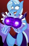  anthro anthrofied big_breasts blue_hair breast_expansion breasts clothing electricity english_text equine female friendship_is_magic hair horn horse huge_breasts jrvanesbroek magic mammal my_little_pony pony purple_eyes smile solo standing text trixie_(mlp) two_tone_hair unicorn 