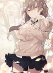  animal black_legwear black_skirt branch brown_eyes brown_hair bunny collared_shirt hair_between_eyes head_tilt highres holding holding_animal leaf light_smile long_hair neck_ribbon original ribbon sepia shirt skirt sweater tears thighhighs tree white_shirt wind yushika zettai_ryouiki 