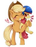  &lt;3 alpha_channel amber_eyes annoyed apple_bloom_(mlp) applejack_(mlp) blonde_hair blush cutie_mark duo equine eyes_closed female friendship_is_magic hair helmet horse hua113 hug mammal my_little_pony plain_background pony red_hair sibling sisters transparent_background young 
