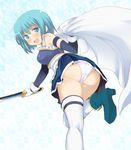  :d armband ass bad_id bad_pixiv_id banned_artist blue_eyes blue_hair blush cape commentary_request from_below gloves magical_girl mahou_shoujo_madoka_magica miki_sayaka misfit_funny open_mouth panties pantyshot short_hair smile solo sword thighhighs underwear weapon 