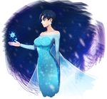  apple_brk bad_id bad_pixiv_id black_hair blue_eyes cosplay dress earrings elsa_(frozen) elsa_(frozen)_(cosplay) frozen_(disney) genderswap genderswap_(mtf) jewelry jojo_no_kimyou_na_bouken jonathan_joestar phantom_blood short_hair snowflake_earrings snowflakes solo 