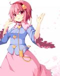  blush floral_print frilled_sleeves frills hairband heart highres komeiji_satori noose ominaeshi_(takenoko) petals pink_eyes pink_hair short_hair simple_background solo touhou white_background 