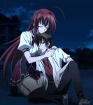  1boy 1girl breast_smother breasts brown_hair high_school_dxd highres hyoudou_issei large_breasts long_hair red_hair rias_gremory school_uniform screencap stitched 