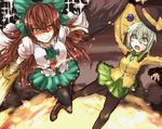 arm_cannon bad_id bad_pixiv_id boots bow breasts brown_hair cape falling frilled_skirt frilled_sleeves frills glowing glowing_eyes green_eyes green_hair green_skirt hair_bow hat hole jumping komeiji_koishi large_breasts long_hair long_sleeves looking_at_another looking_down maware_maware multiple_girls open_mouth pantyhose red_eyes reiuji_utsuho scared shirt short_hair short_sleeves skirt smile sparkle surprised thighhighs third_eye touhou very_long_hair weapon wide_sleeves wings 