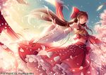  bow brown_hair cherry_blossoms detached_sleeves hair_bow hair_tubes hakurei_reimu long_hair long_sleeves looking_at_viewer midriff navel nontraditional_miko petals red_eyes shirt skirt skirt_set sky solo spell_card sunset tidsean torii touhou tree very_long_hair wide_sleeves 