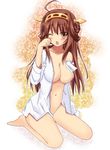  ;o ahoge areola_slip areolae barefoot blush breasts brown_hair hairband kantai_collection kongou_(kantai_collection) large_breasts long_hair navel one_eye_closed open_clothes open_mouth open_shirt shirt sitting sk_(buta) solo wariza 