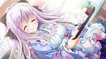  1girl 3-nin_iru! blush eyes_closed food game_cg japanese_clothes kimono long_hair mibuno_suzume purple_hair smile suzui_narumi tray 