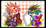  bad_id bad_pixiv_id blue_eyes blue_hair book brown_hair caesar_anthonio_zeppeli chibi child colorful gradient_hair green_hair heart heart-shaped_pupils highres jojo_no_kimyou_na_bouken joseph_joestar_(young) multicolored_hair multiple_boys pink_hair purple_hair star star-shaped_pupils symbol-shaped_pupils terimayo_(sonnne_farbe) two-tone_hair wrench younger 