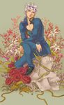  bad_id bad_pixiv_id blue_eyes crossed_arms expressionless flower full_body giorno_giovanna jojo_no_kimyou_na_bouken knee_up lily_(flower) long_sleeves looking_to_the_side male_focus pants red_flower red_rose rose silver_hair sitting skull solo tooru_fuyuse 