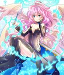  archangel_metatron_(p&amp;d) black_dress blue_eyes dress fountain_pen hoshino long_hair looking_at_viewer pen pink_hair puzzle_&amp;_dragons smile solo wings 