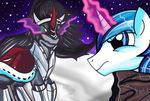  aurora-chiaro blue_eyes blue_hair duo equine eye_mist friendship_is_magic glowing hair horn king_sombra_(mlp) magic male mammal my_little_pony night outside red_eyes robe scarf sky snow snowing sparkles unicorn 