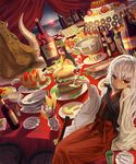  alcohol apple bad_id bad_pixiv_id boned_meat bottle cake cup curtains dango drinking_glass food fork fruit geeto_gaadian green_tea hamburger highres horns japanese_clothes katana knife meat omurice parfait pineapple pixiv_fantasia pixiv_fantasia_fallen_kings plate red_eyes sandwich smile solo spoon strawberry sword table tea wagashi weapon white_hair wine wine_bottle wine_glass yunomi 