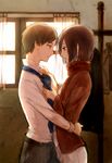  1girl adjusting_clothes adjusting_necktie bad_id bad_pixiv_id belt black_pants blue_neckwear blurry bob_cut brown_hair closed_mouth collared_shirt couple cowboy_shot curtains day depth_of_field dressing_another eren_yeager from_side hand_on_another's_back hetero highres hug indoors jacket long_sleeves looking_at_another mikasa_ackerman nakome necktie pants popped_collar profile red_jacket red_scarf scarf shingeki_no_kyojin shirt short_hair talking tying wall white_shirt window 