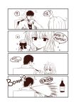  1boy 1girl 4koma =3 blush cigarette comic gift greyscale heart hibiki_(kantai_collection) holding holding_gift kamio_reiji_(yua) kantai_collection long_hair military military_uniform monochrome open_mouth smile smoking sparkle spitting uniform yua_(checkmate) 