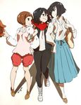  3girls bag black_hair blouse blue_eyes blue_skirt brown_eyes brown_hair commentary eye_contact gamagoori_ira girl_sandwich grin handbag jacket kill_la_kill kiryuuin_satsuki locked_arms looking_at_another mankanshoku_mako matoi_ryuuko miyuli multicolored_hair multiple_girls out_of_frame sandwiched scarf shirt short_hair skirt smile spoilers two-tone_hair 