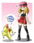  :d ankle_boots bare_arms black_bow black_footwear black_legwear black_shirt blonde_hair blue_eyes boots bow breasts collared_shirt cross-laced_footwear fennekin fox full_body gen_6_pokemon hand_up hat hat_bow heart high-waist_skirt implied_pantyshot lace-up_boots long_hair looking_at_another miniskirt open_mouth outline panties pink_hat pleated_skirt pocket pokemon pokemon_(creature) pokemon_(game) pokemon_xy rascal red_skirt serena_(pokemon) shadow shirt skirt skirt_lift sleeveless sleeveless_shirt small_breasts smile solo striped striped_panties tareme thighhighs thought_bubble underwear white_outline wind wind_lift zettai_ryouiki 