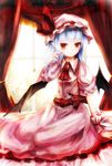  ascot backlighting bad_id bad_pixiv_id basilis9 bat_wings blue_hair brooch curtains dress hand_in_hair hat hat_ribbon highres jewelry looking_at_viewer mob_cap pink_dress pointy_ears puffy_sleeves red_eyes remilia_scarlet ribbon sash short_sleeves sitting solo touhou wariza window wings wrist_cuffs 