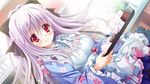  1girl 3-nin_iru! blush food game_cg japanese_clothes kimono long_hair mibuno_suzume purple_hair red_eyes smile suzui_narumi tray 