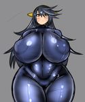  1girl black_hair blush bodysuit breasts brown_eyes curvy female gigantic_breasts hair_ornament haruna_(kantai_collection) highres kantai_collection long_hair puffy_nipples simple_background solo standing tensai427 wide_hips 