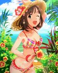  ;d amami_haruka annindoufu_(oicon) bangle bikini bracelet breasts brown_hair cleavage cloud day earrings flower green_eyes hat hibiscus idolmaster idolmaster_(classic) idolmaster_cinderella_girls jewelry jpeg_artifacts looking_at_viewer medium_breasts official_art one_eye_closed open_mouth plaid short_hair smile solo swimsuit water 