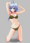  1girl ahoge armpits barefoot blue_hair bra breasts camouflage camouflage_bra camouflage_panties cleavage collarbone eyebrows_visible_through_hair floating_hair full_body green_bra green_eyes green_panties grey_background groin hair_between_eyes k3rd kneeling long_hair medium_breasts navel original panties shiny shiny_hair shiny_skin simple_background solo underwear underwear_only 