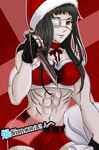  abs bad_id bad_pixiv_id black_hair breasts choker christmas eyepatch hat jormungand knife large_breasts long_hair lowres midriff muscle muscular_female nakami0305 reverse_grip santa_hat shorts smile sofia_valmer solo tattoo 