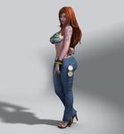  3d arm_behind_back ass bangle bikini_top bracelet breasts denim high_heels highres huge_ass jeans jewelry large_breasts lips log_pose long_hair looking_at_viewer nami_(one_piece) one_piece orange_hair pants sandals shirosakki sideboob solo tattoo 