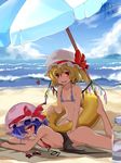  absurdres barefoot bat_wings beach bikini blonde_hair blush bottle bottomless day eyewear_removed flandre_scarlet flat_chest hair_over_one_eye hat heart highres lying multiple_girls o-ring o-ring_bikini ocean on_stomach open_mouth petite purple_hair red_eyes remilia_scarlet sand short_hair siblings side_ponytail signature sisters sunglasses swimsuit touhou wings yomi_yasou 