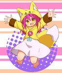  animal_ears barefoot brown_eyes dress fake_animal_ears highres hood hoodie jacket jumping long_hair nipeira original outstretched_arms purple_hair smile solo tail yuzuwa-chan 