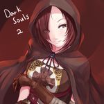  breasts brown_eyes cloak copyright_name dark_souls_ii emerald_herald gloves hair_over_one_eye highres hood hooded_cloak light_smile medium_breasts nanjyolno simple_background solo souls_(from_software) 