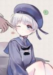  ? blue_eyes blush cheek_poking clothes_writing dress hanekoto hat kantai_collection open_mouth poking sailor_dress sailor_hat short_hair silver_hair wince z1_leberecht_maass_(kantai_collection) 