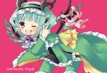  aqua_hair astaroth_(p&amp;d) cauchemar_(p&amp;d) doll dress green_dress hairband horns hoshino looking_at_viewer one_eye_closed open_mouth pentagram purple_eyes puzzle_&amp;_dragons short_hair smile solo wings 