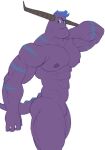  anthro athletic athletic_anthro athletic_male blue_hair blue_stripes disney genji_(artist) green_eyes hair hi_res horn horned_humanoid humanoid male monster monsters_at_work monsters_inc muscular muscular_anthro muscular_male nipples pecs pixar purple_body stripes tylor_tuskmon 