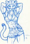  abs bellybutton_ring chain clothed clothing ear_piercing facial_piercing feline female iisaw looking_at_viewer mammal monochrome muscles nose_piercing nose_ring piercing shorts skimpy smaller_version_at_the_source solo tattoo 