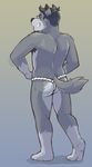  back_turned barefoot butt canine eyewear fundoshi fur glasses gloves_(marking) grey_fur grey_hair grin hair looking_at_viewer looking_back male mammal markings nude short_hair socks_(marking) solo standing topless underwear wolf wolfyama 