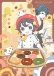  1girl animal black_eyes black_hair blue_hair blush_stickers coffee doughnut food glasses gloves hair_ornament hairclip hat highres kettle original pale_skin short_hair smile takeda_mika tray twintails vest 