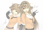  ;d \m/ brown_hair character_name commentary_request cosplay double_bun gloves hrk173 kantai_collection kongou_(kantai_collection) long_hair multiple_girls naka_(kantai_collection) naka_(kantai_collection)_(cosplay) one_eye_closed open_mouth smile v yellow_eyes 