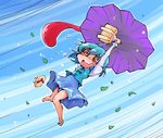  @_@ blue_hair flying geta highres juliet_sleeves karakasa_obake leaf long_sleeves open_mouth puffy_sleeves shinapuu shirt shoes single_shoe skirt solo tatara_kogasa touhou umbrella vest wavy_mouth wind 