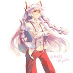  artist_name bad_id bad_pixiv_id crossed_arms dryades floating_hair fujiwara_no_mokou hair_ribbon lavender_hair pants popped_collar red_eyes red_pants ribbon shirt sideways_glance silver_hair solo suspenders touhou tress_ribbon white_background white_shirt 