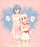  :d bare_shoulders blue_eyes blue_hair bouquet brown_eyes carrying child clover collarbone dress flower four-leaf_clover height_difference long_hair mahou_shoujo_madoka_magica mahou_shoujo_madoka_magica_movie miki_sayaka mizuki_(flowerlanguage) momoe_nagisa multiple_girls open_mouth short_hair smile sundress two_side_up white_hair 