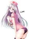  aile_(crossroads) ass black_legwear black_panties blush breasts clipboard glasses grey_hair hat legs_together long_hair looking_back medium_breasts nurse nurse_cap panties pink_eyes shiny shiny_skin solo thighhighs underwear very_long_hair 